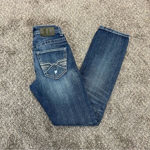 BKE buckle jeans mens 27R blue dark wash straight leg Alec distressed denim